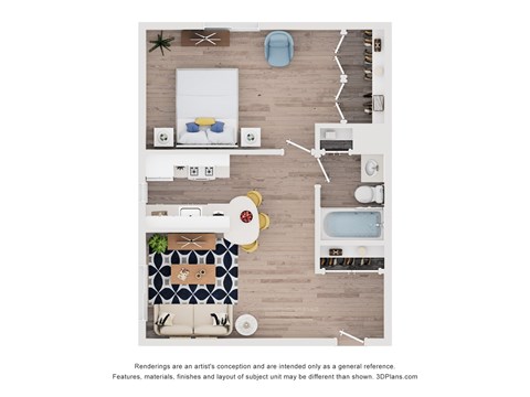 A top-down view of a room with a kitchen, dining area, and living room.